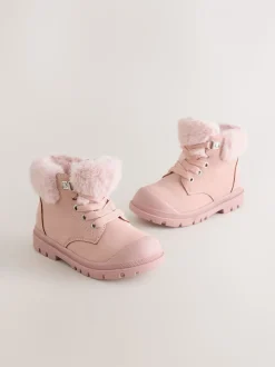 Roze - Veterlaarzen met imitatiebontvoering