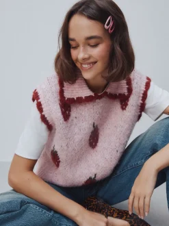 Roze aardbei - Sleeveless Knitted Tank Top With Wool