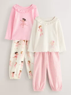 Roze Ballerina Print - Verpakking van 2 pyjama's met geweven broek (9 mnd - 10 jr)