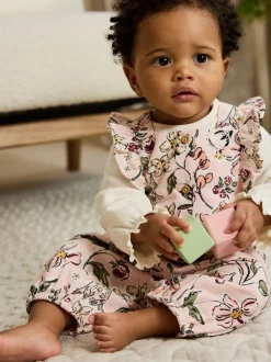 Roze bloemen - Baby Print Bodysuit met Lange mouwen en Corduroy bretelbroeken Set 2 Pieces (0mnd -2jr)