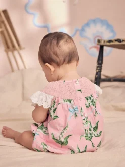 Roze bloemen - Cath Kidston 100% katoenen babyrompertje met print en broderie