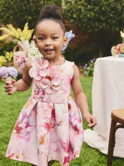 Roze bloemen - Scuba Occasion Dress (3mths-7yrs)