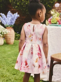 Roze bloemen - Scuba Occasion Dress (3mths-7yrs)