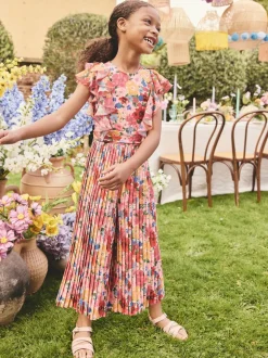 Roze bloemen - Short Sleeve Pleated Ruffle Jumpsuit (3-16yrs)