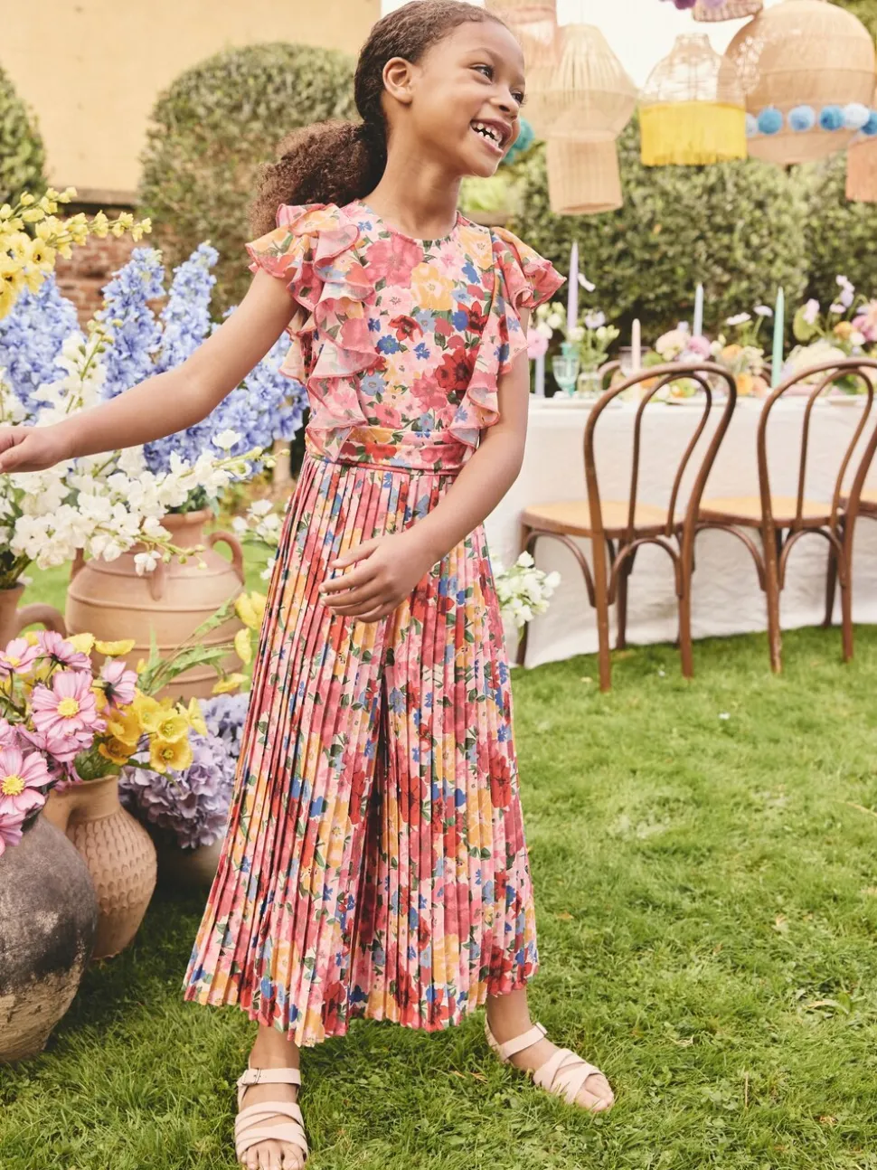 Roze bloemen - Short Sleeve Pleated Ruffle Jumpsuit (3-16yrs)