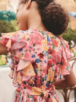 Roze bloemen - Short Sleeve Pleated Ruffle Jumpsuit (3-16yrs)