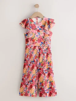 Roze bloemen - Short Sleeve Pleated Ruffle Jumpsuit (3-16yrs)