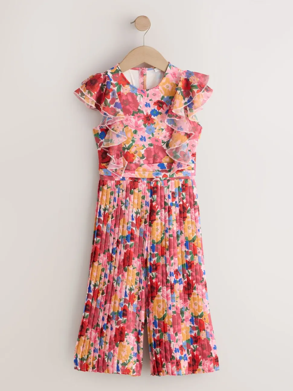 Roze bloemen - Short Sleeve Pleated Ruffle Jumpsuit (3-16yrs)