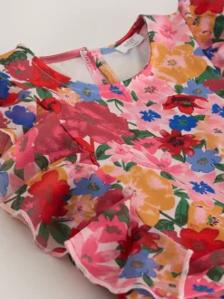 Roze bloemen - Short Sleeve Pleated Ruffle Jumpsuit (3-16yrs)