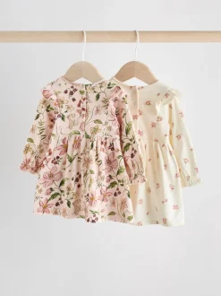 Roze bloemen/Crèmekleurige fijne bloemenprint - Verpakking van 2 jersey babyjurkjes (0 mnd-2 jr)