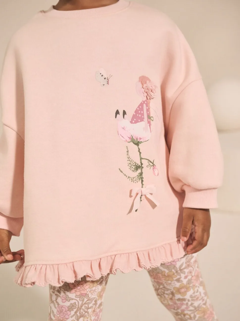 Roze bloemenfee - Set met sweatshirt en legging met ruches aan de zoom (3mnd-7jr)