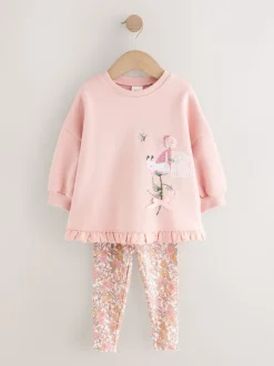 Roze bloemenfee - Set met sweatshirt en legging met ruches aan de zoom (3mnd-7jr)