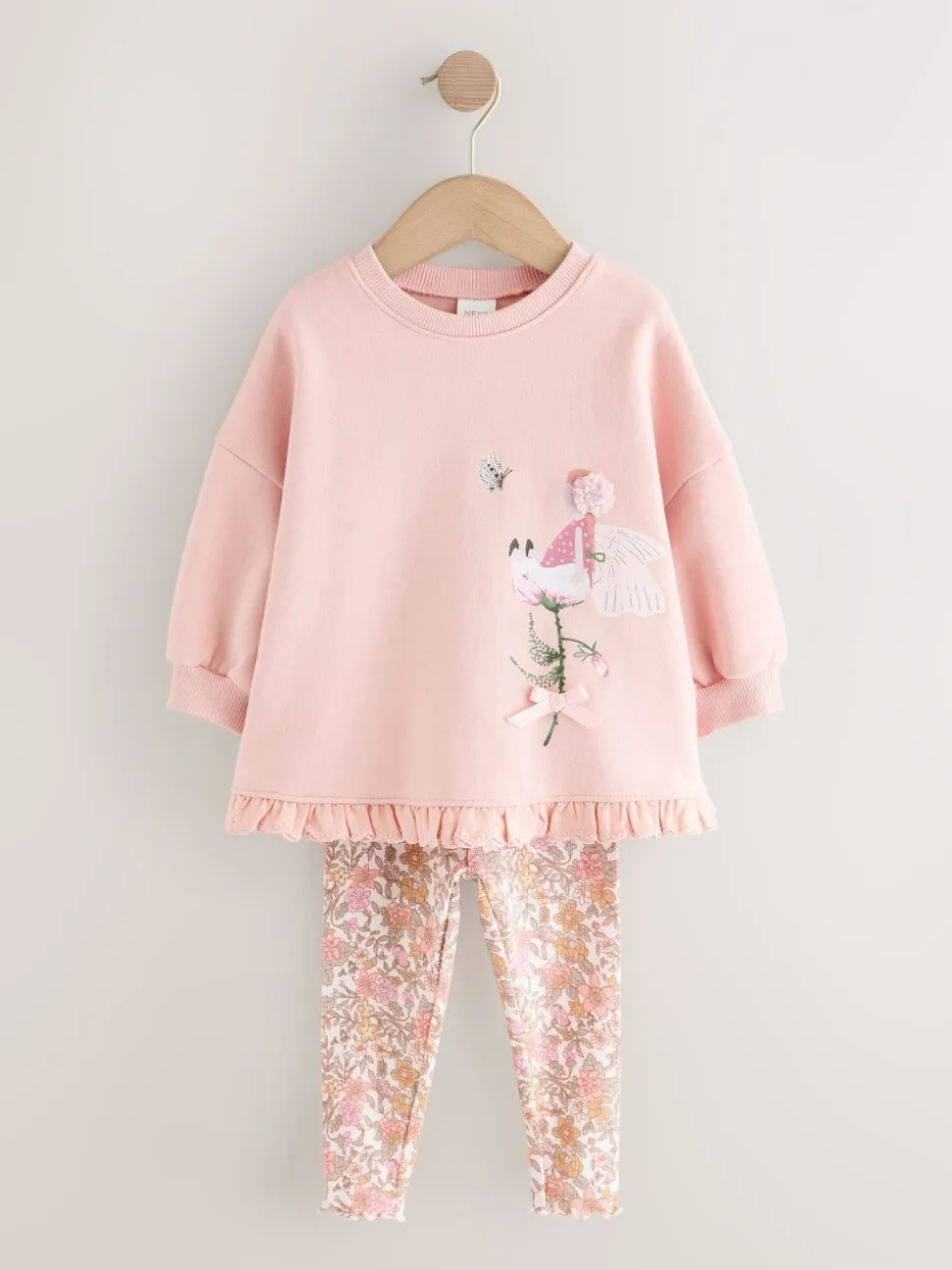 Roze bloemenfee - Set met sweatshirt en legging met ruches aan de zoom (3mnd-7jr)