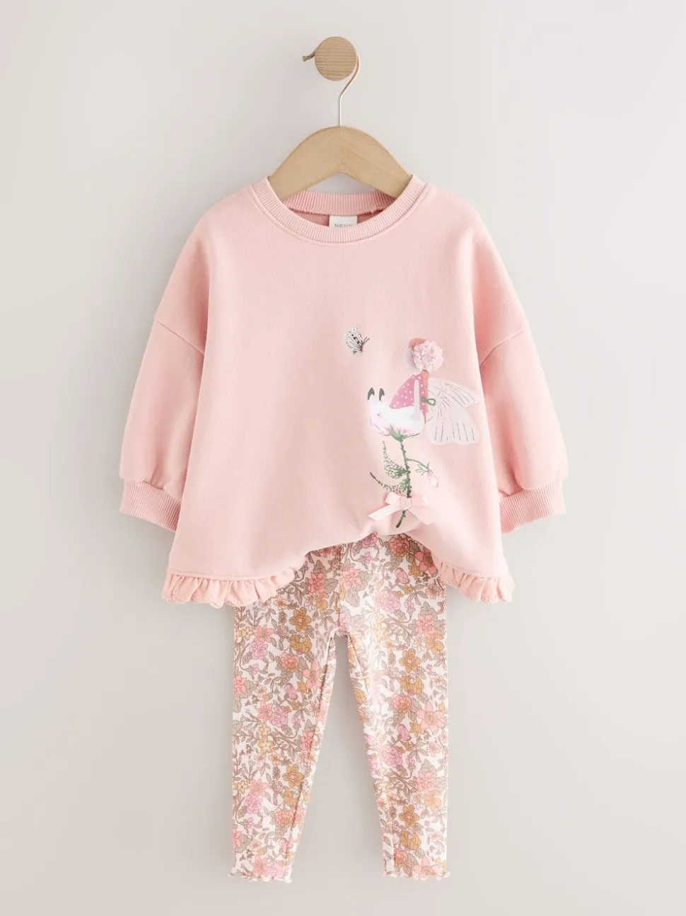 Roze bloemenfee - Set met sweatshirt en legging met ruches aan de zoom (3mnd-7jr)