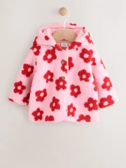 Roze bloemenprint over het geheel - Borg babyjack met capuchon (0mnd-2jr)