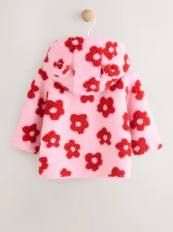 Roze bloemenprint over het geheel - Borg babyjack met capuchon (0mnd-2jr)