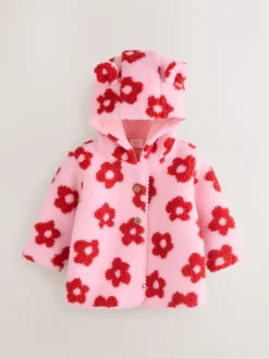 Roze bloemenprint over het geheel - Borg babyjack met capuchon (0mnd-2jr)