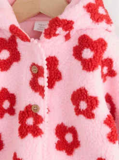 Roze bloemenprint over het geheel - Borg babyjack met capuchon (0mnd-2jr)