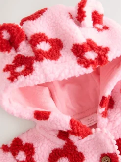 Roze bloemenprint over het geheel - Borg babyjack met capuchon (0mnd-2jr)