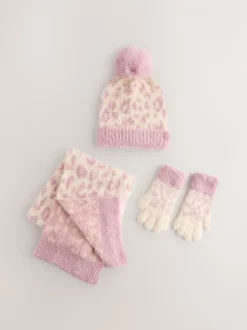 Roze dierenprint - Set van muts, handschoenen en sjaal (3-16jr)