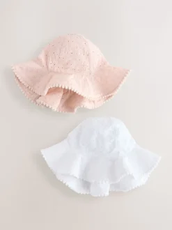 Roze en wit - Broderie 2pk Baby Bucket Hoed (0mnd-2jr)