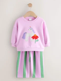 Roze gestreepte eenhoorn - Set van sweatshirt en joggingbroek met rechte wijde pijpen (3mnd -7jr)