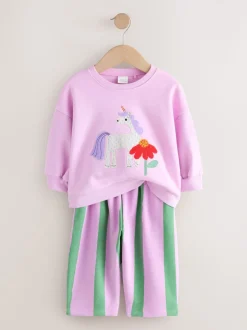 Roze gestreepte eenhoorn - Set van sweatshirt en joggingbroek met rechte wijde pijpen (3mnd -7jr)