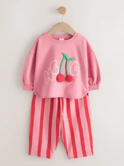 Roze gewatteerde kers - Set met top met lange mouwen en broek met wijde pijpen (3mnd-7jr)