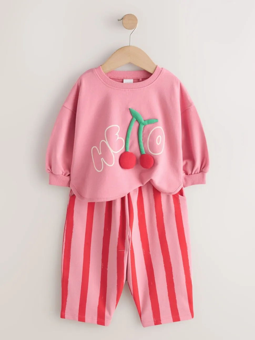 Roze gewatteerde kers - Set met top met lange mouwen en broek met wijde pijpen (3mnd-7jr)