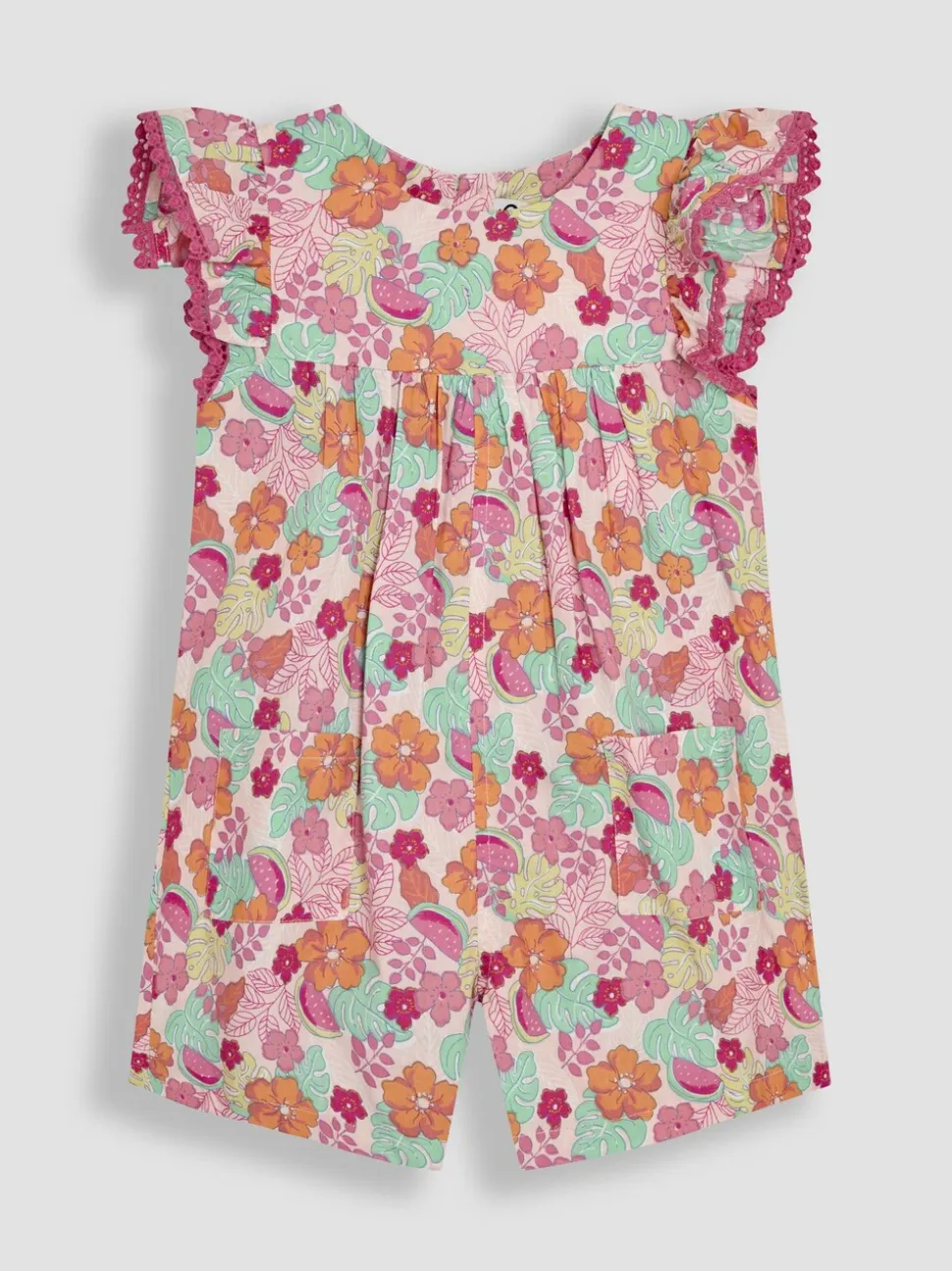 Roze jungle bloemenprint - JoJo Maman Bébé Speelpakje van 100% katoen met ruchemouwen