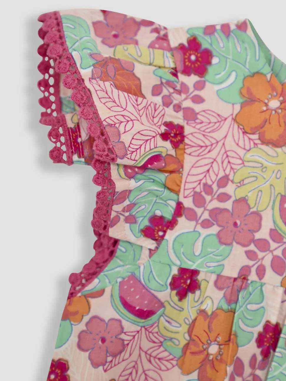 Roze jungle bloemenprint - JoJo Maman Bébé Speelpakje van 100% katoen met ruchemouwen