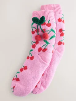 Roze kersen - 1 Paar grofgebreide pantoffelsokken