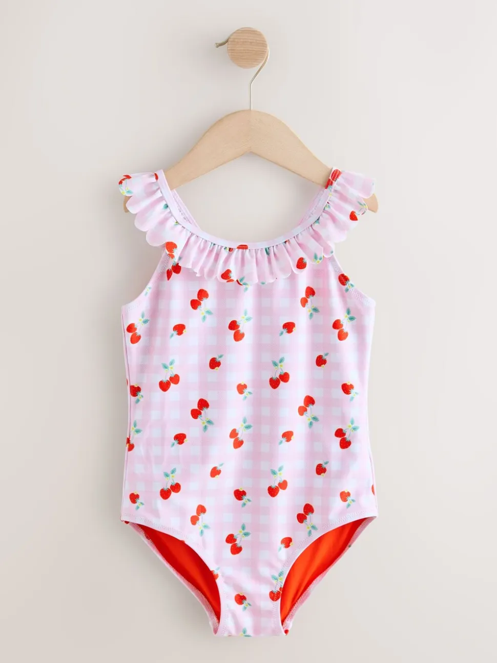 Roze kersen geruit - Badpak met ruches (3 - 16 jr)
