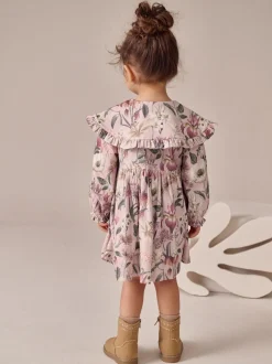 Roze met bloemenprint - Jurk met lange mouwen en kraag (3mnd-7jr)