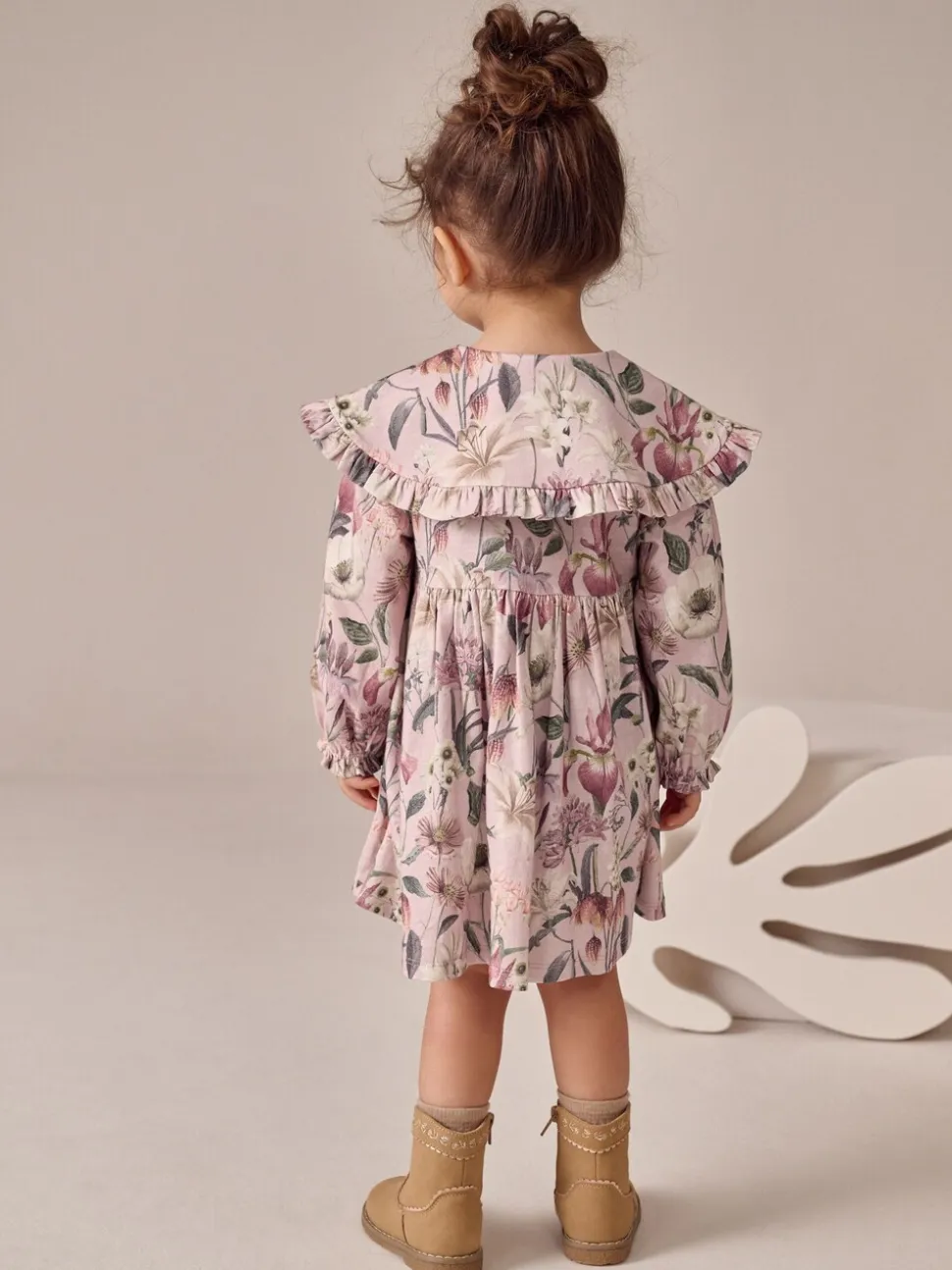 Roze met bloemenprint - Jurk met lange mouwen en kraag (3mnd-7jr)