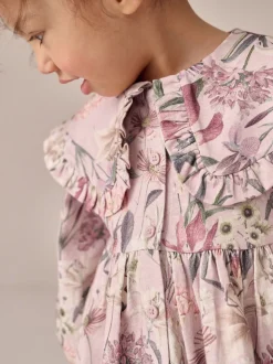 Roze met bloemenprint - Jurk met lange mouwen en kraag (3mnd-7jr)