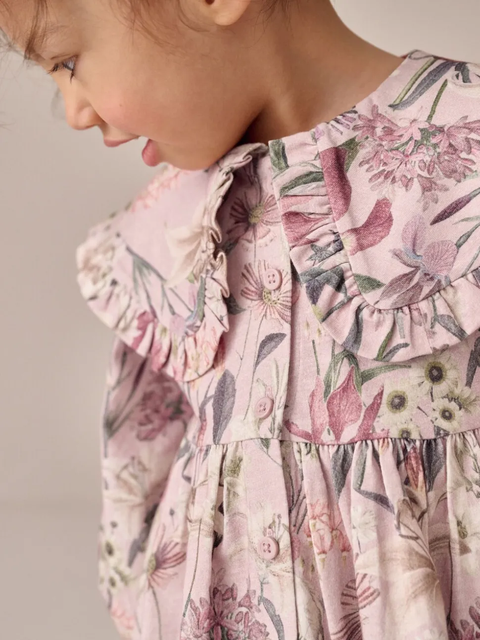 Roze met bloemenprint - Jurk met lange mouwen en kraag (3mnd-7jr)