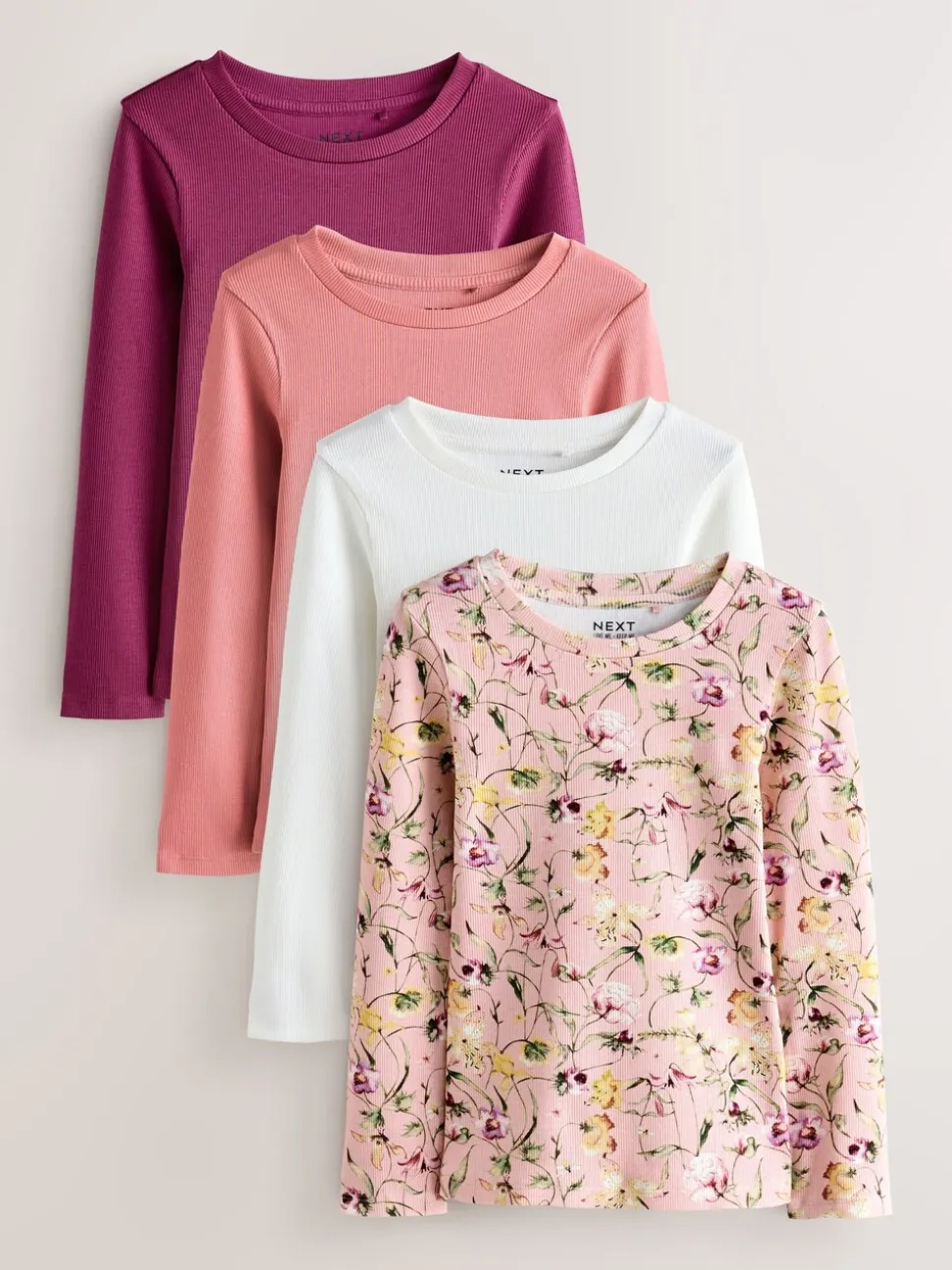 Roze met bloemenprint - Set van 4 geribbelde T-shirts met lange mouwen (3-16jr)