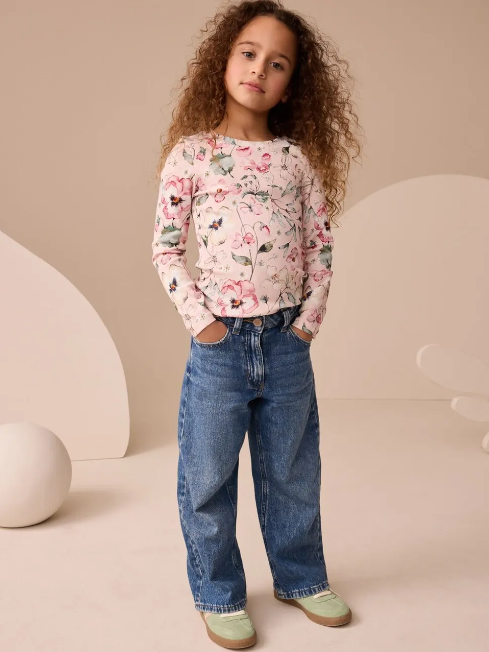 Roze met bloemenprint - Set van 4 geribbelde T-shirts met lange mouwen (3-16jr)