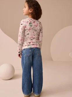 Roze met bloemenprint - Set van 4 geribbelde T-shirts met lange mouwen (3-16jr)