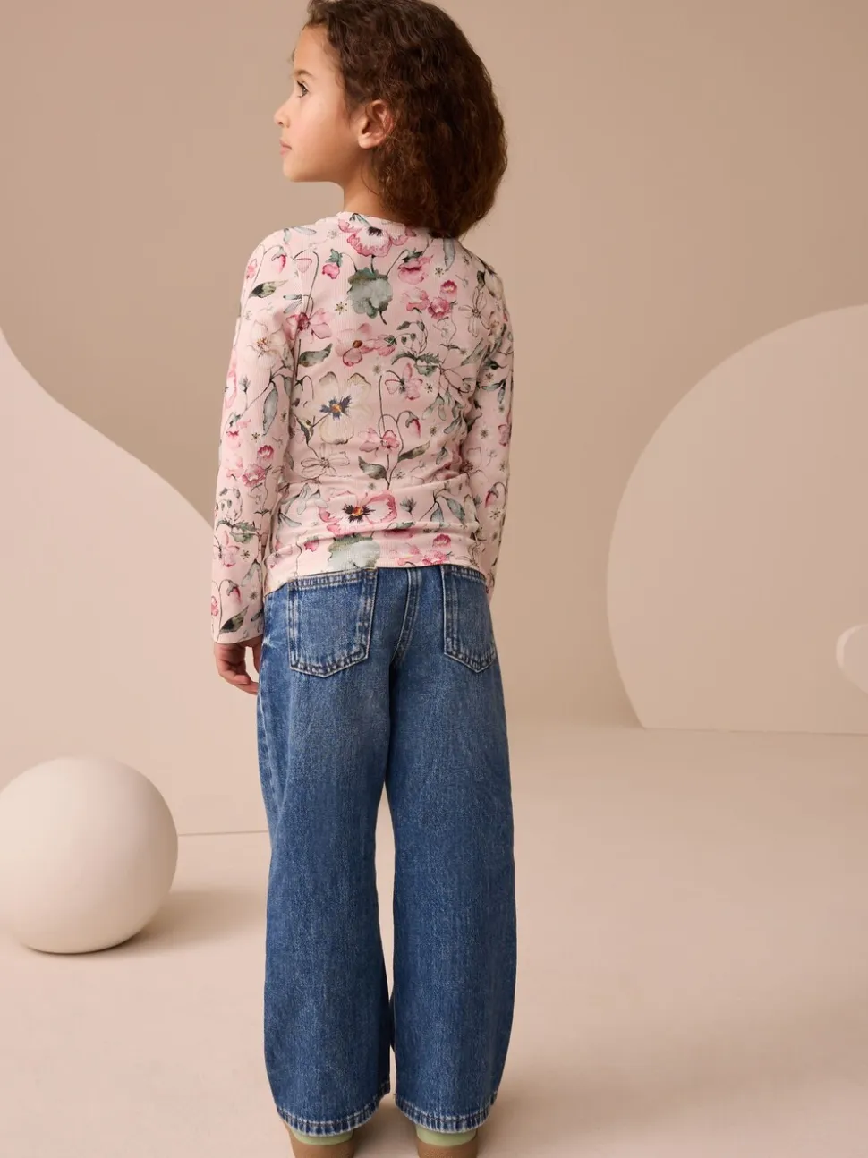 Roze met bloemenprint - Set van 4 geribbelde T-shirts met lange mouwen (3-16jr)