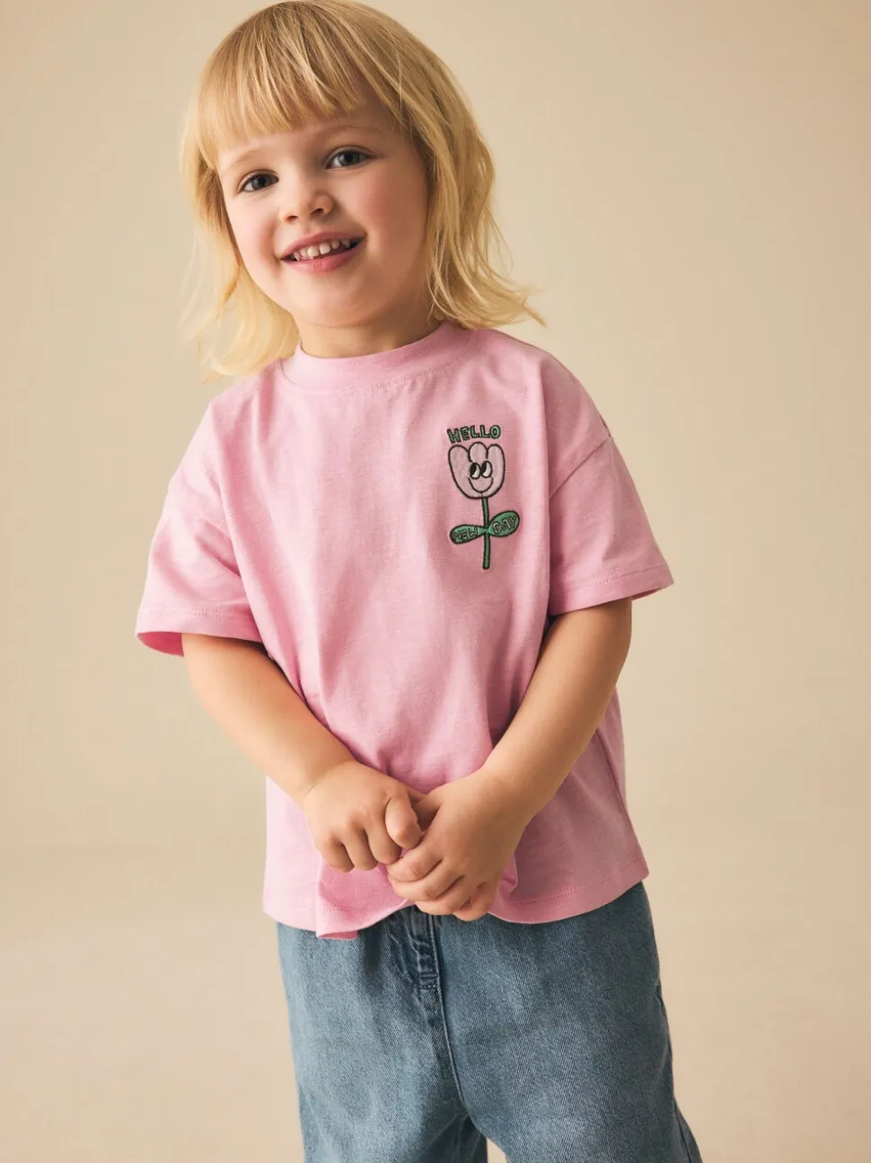 Roze met bloemenprint - Short Sleeve Embroidered T-Shirt (3mths-7yrs)