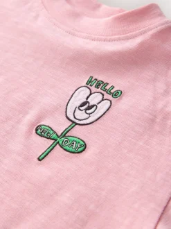 Roze met bloemenprint - Short Sleeve Embroidered T-Shirt (3mths-7yrs)