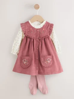 Roze met borduursel - Set van corduroy pinafore, bodysuit met lange mouwen en maillot voor baby's (0mnd-2jr)