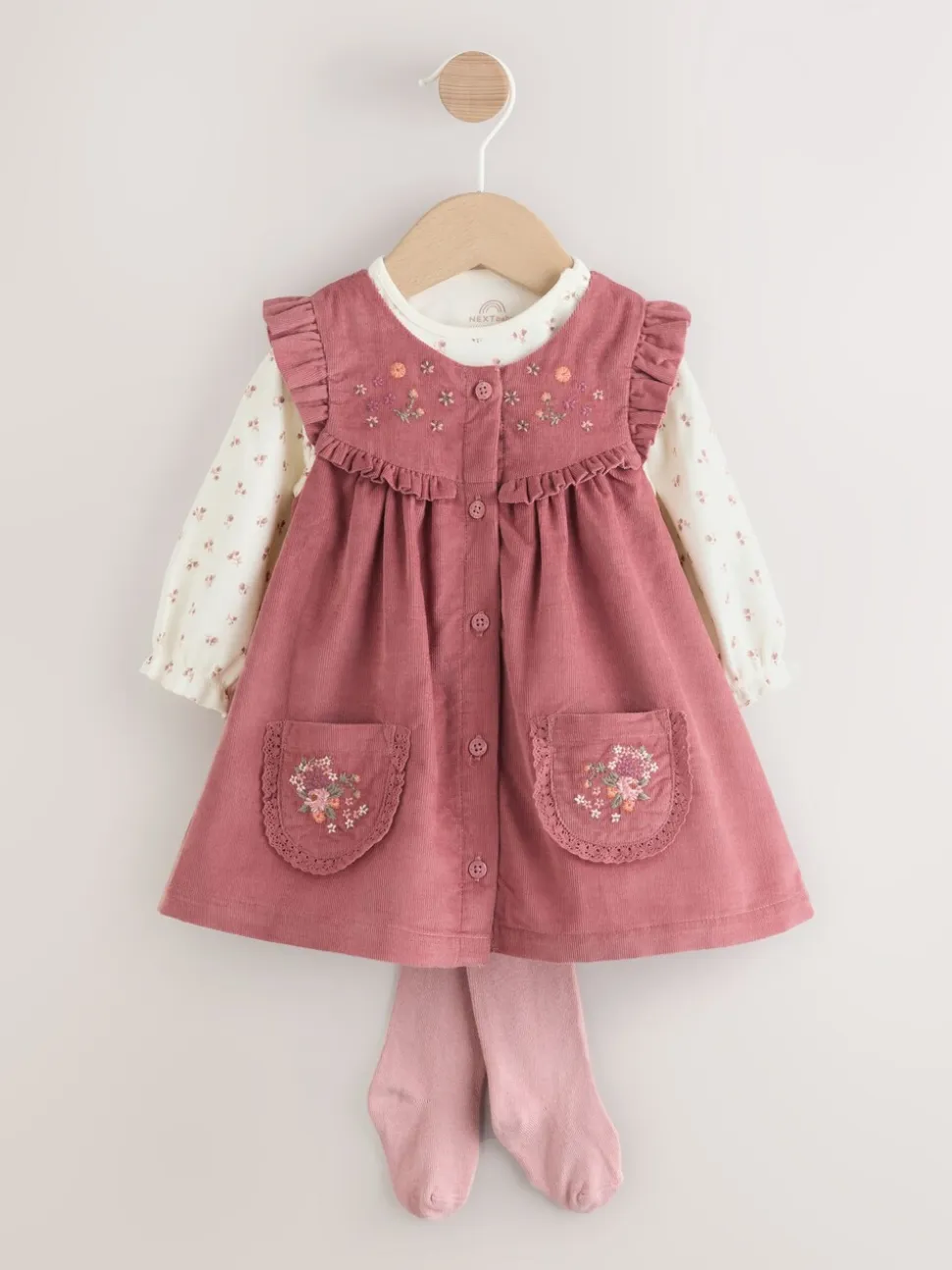 Roze met borduursel - Set van corduroy pinafore, bodysuit met lange mouwen en maillot voor baby's (0mnd-2jr)