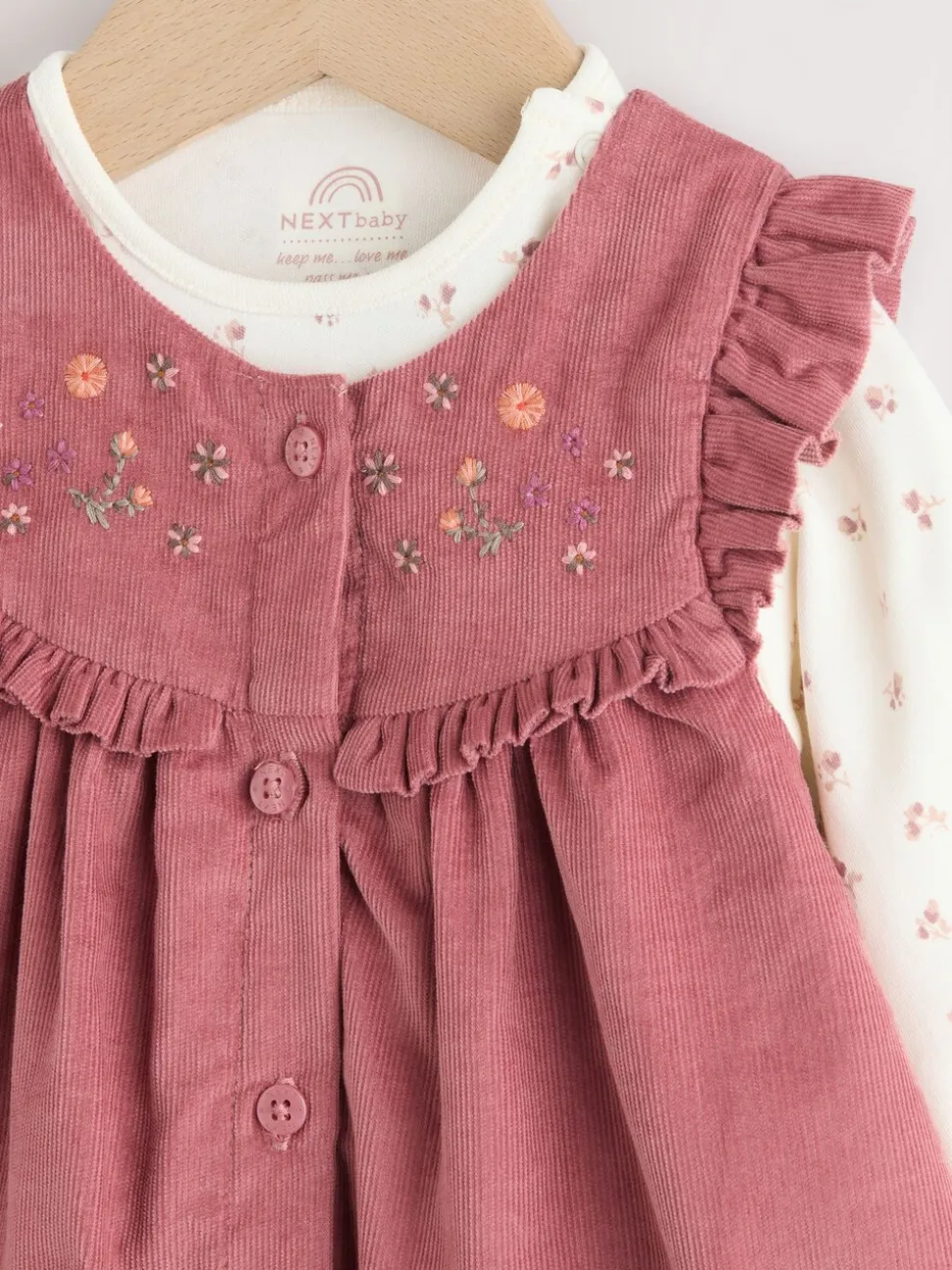 Roze met borduursel - Set van corduroy pinafore, bodysuit met lange mouwen en maillot voor baby's (0mnd-2jr)