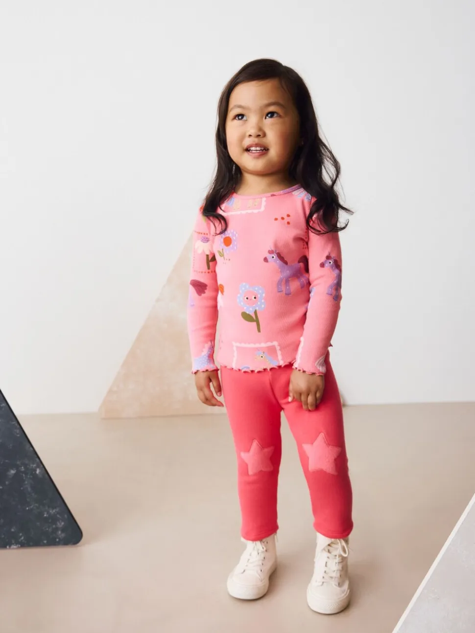 Roze met eenhoornprint - Geribbeld T-shirt met lange mouwen (3mnd-7jr)