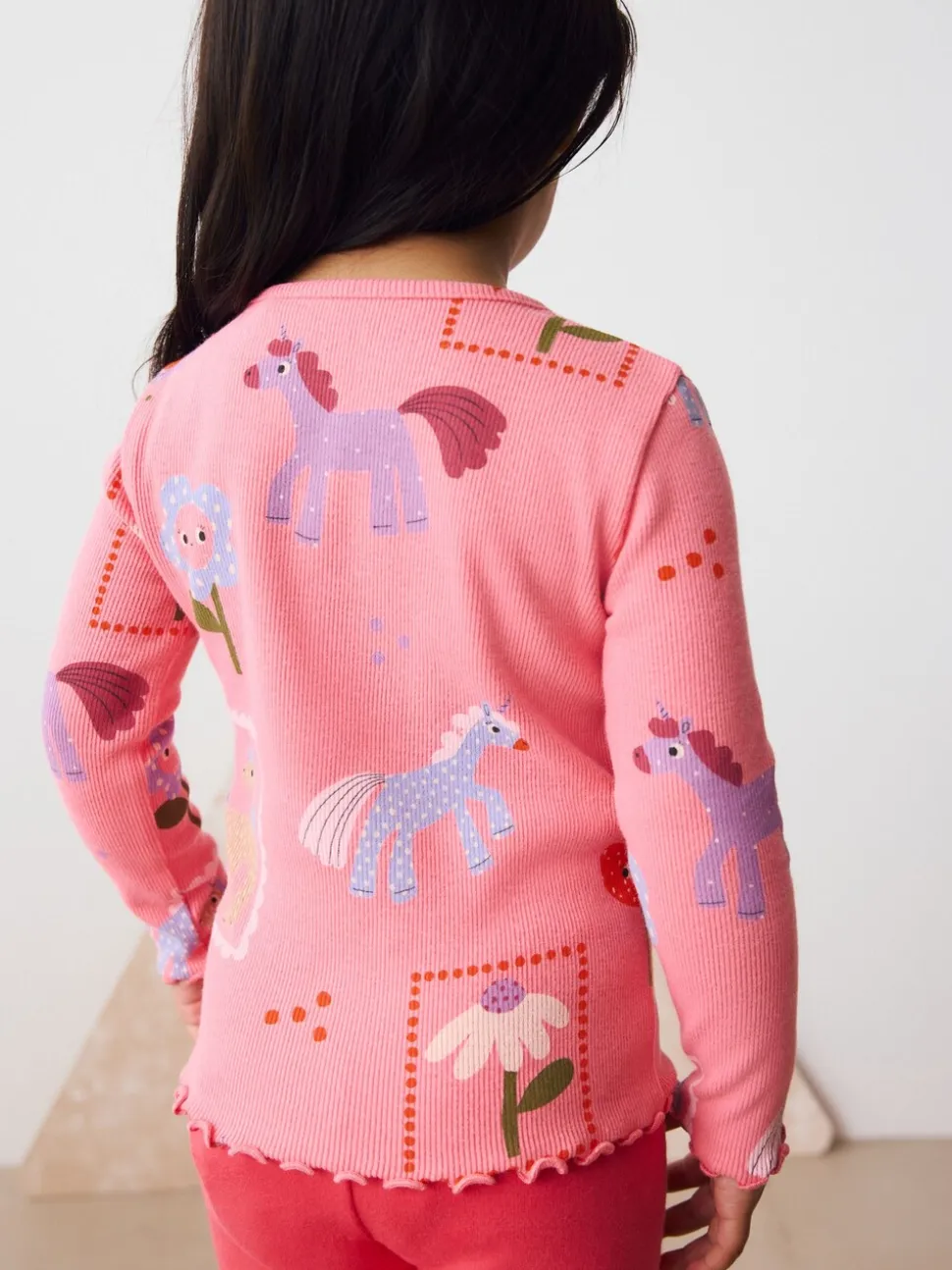 Roze met eenhoornprint - Geribbeld T-shirt met lange mouwen (3mnd-7jr)