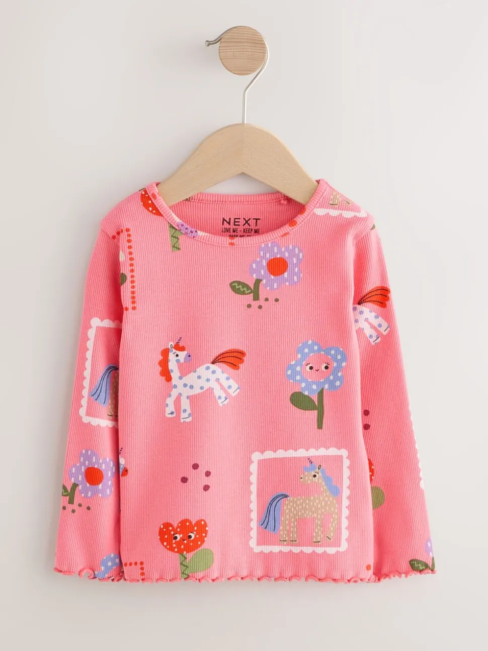 Roze met eenhoornprint - Geribbeld T-shirt met lange mouwen (3mnd-7jr)