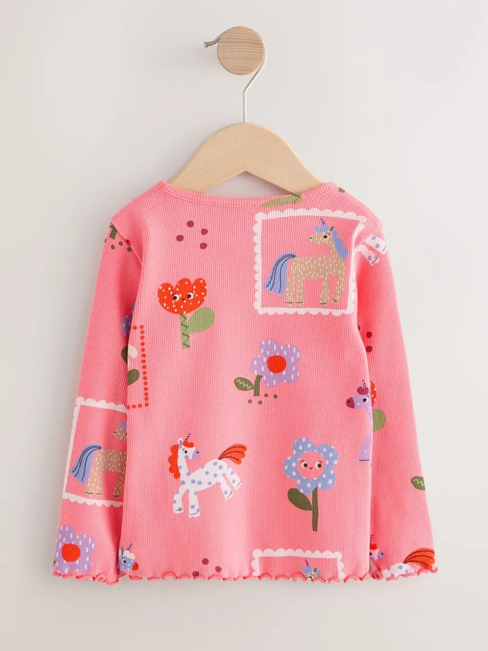 Roze met eenhoornprint - Geribbeld T-shirt met lange mouwen (3mnd-7jr)